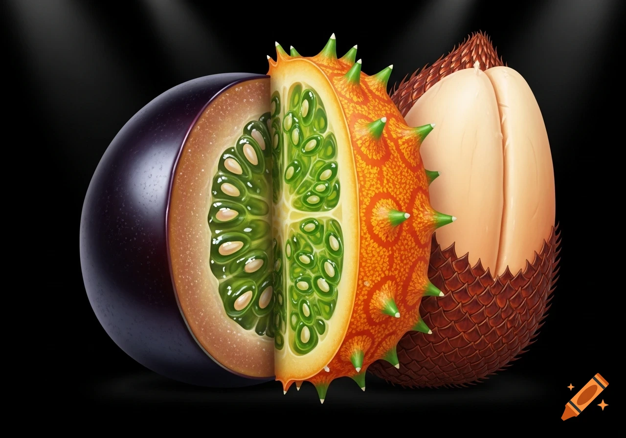 Digital illustration of a jaboticaba, a sliced kiwano, and a salak fruit arranged against a black background.