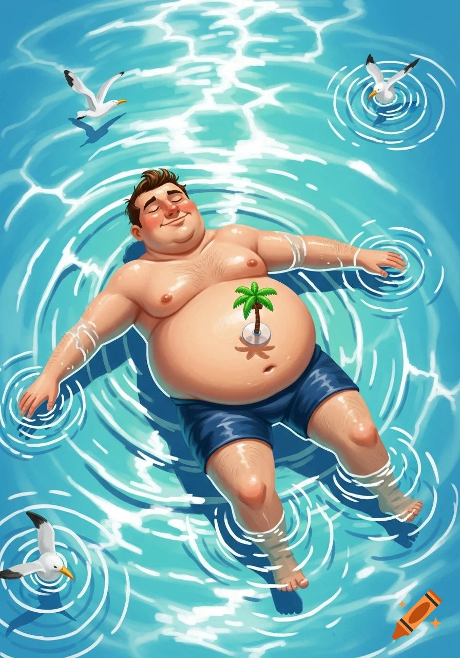 Smiling cartoon man in blue shorts floating on his back in bright blue water with a palm tree on his belly, surrounded by seagulls.