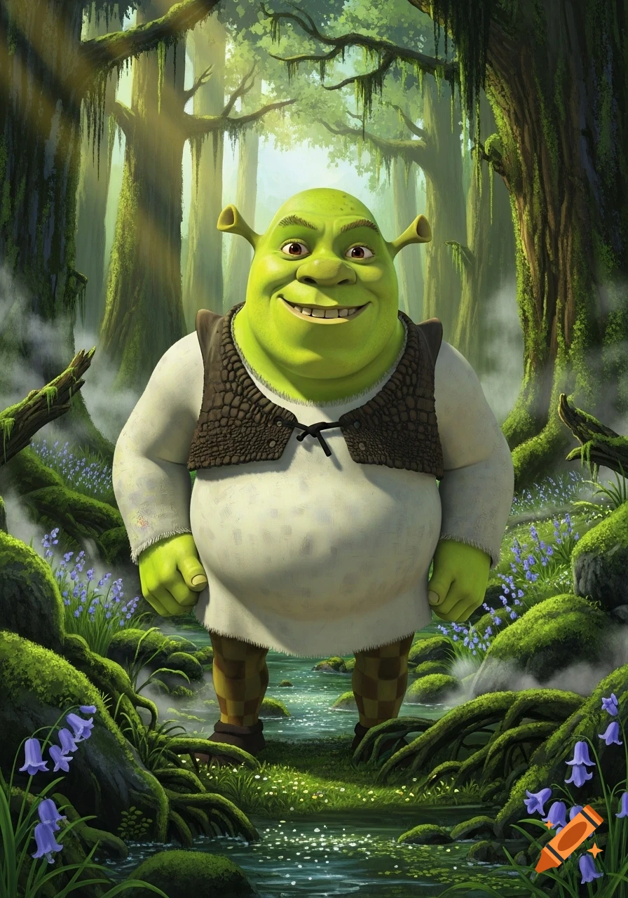 Shrek stands smiling in a vibrant, sun-dappled swamp forest with mossy trees and purple flowers.
