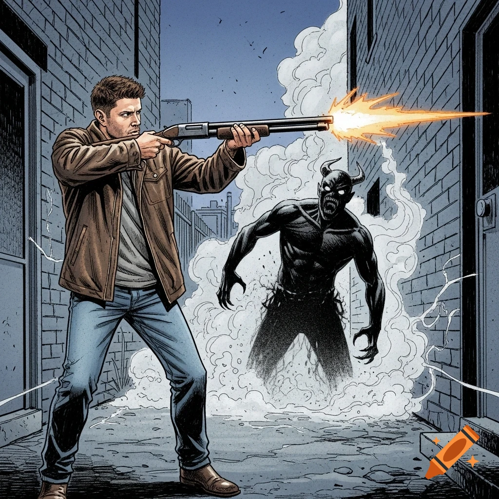 Dean from Supernatural shoots a demon with a shotgun in an alley, comic book style.