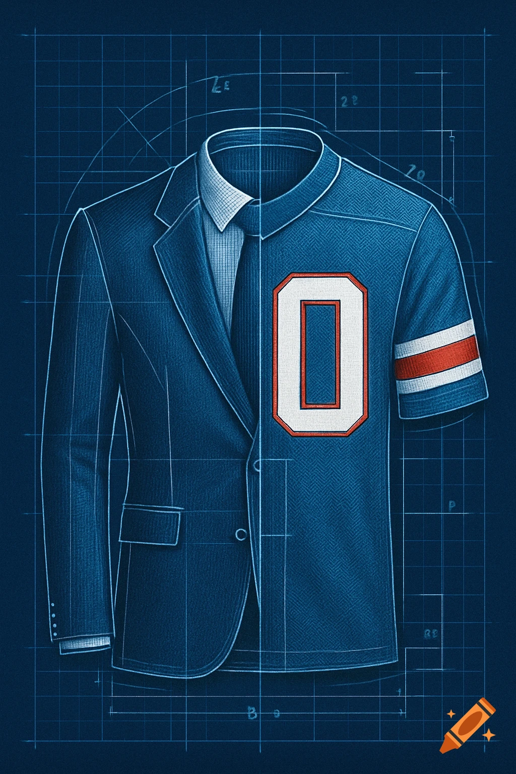 Blueprint drawing of a men's suit merging into a sports jersey with the number '0' on the front, rendered in blue and white lines.