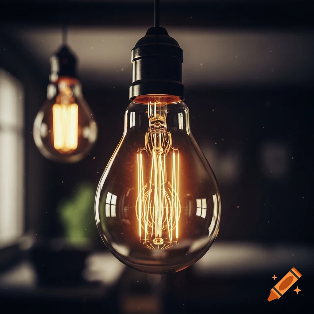 Close-up of a glowing Edison-style light bulb with intricate filaments, blurred background, dark moody ambiance.