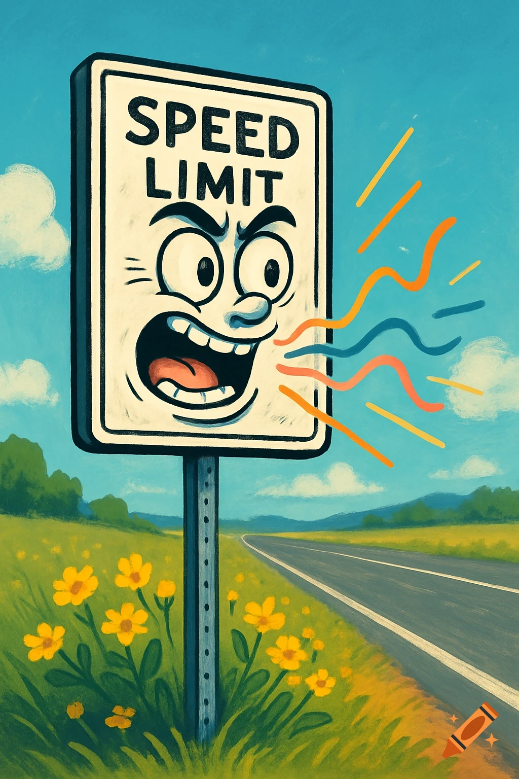 A cartoon speed limit sign with an open mouth and animated lines stands beside a rural road with yellow flowers under a blue sky.