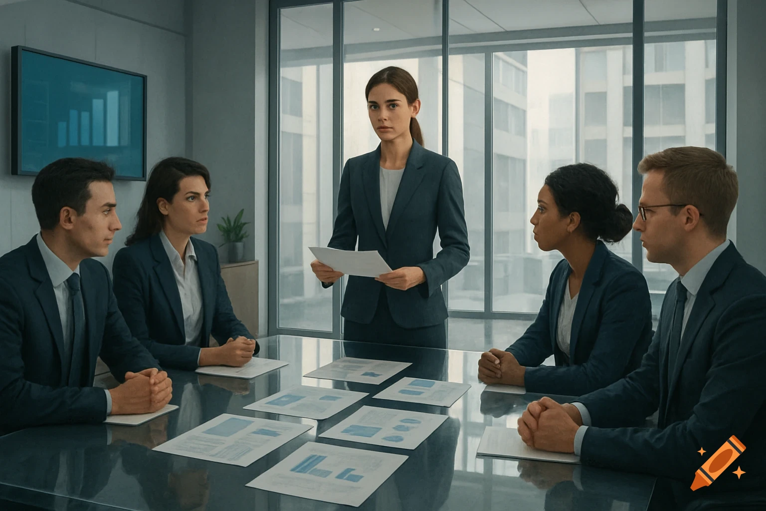 A professional business meeting with five people in a modern office. A woman stands presenting documents at a glass table where others sit.