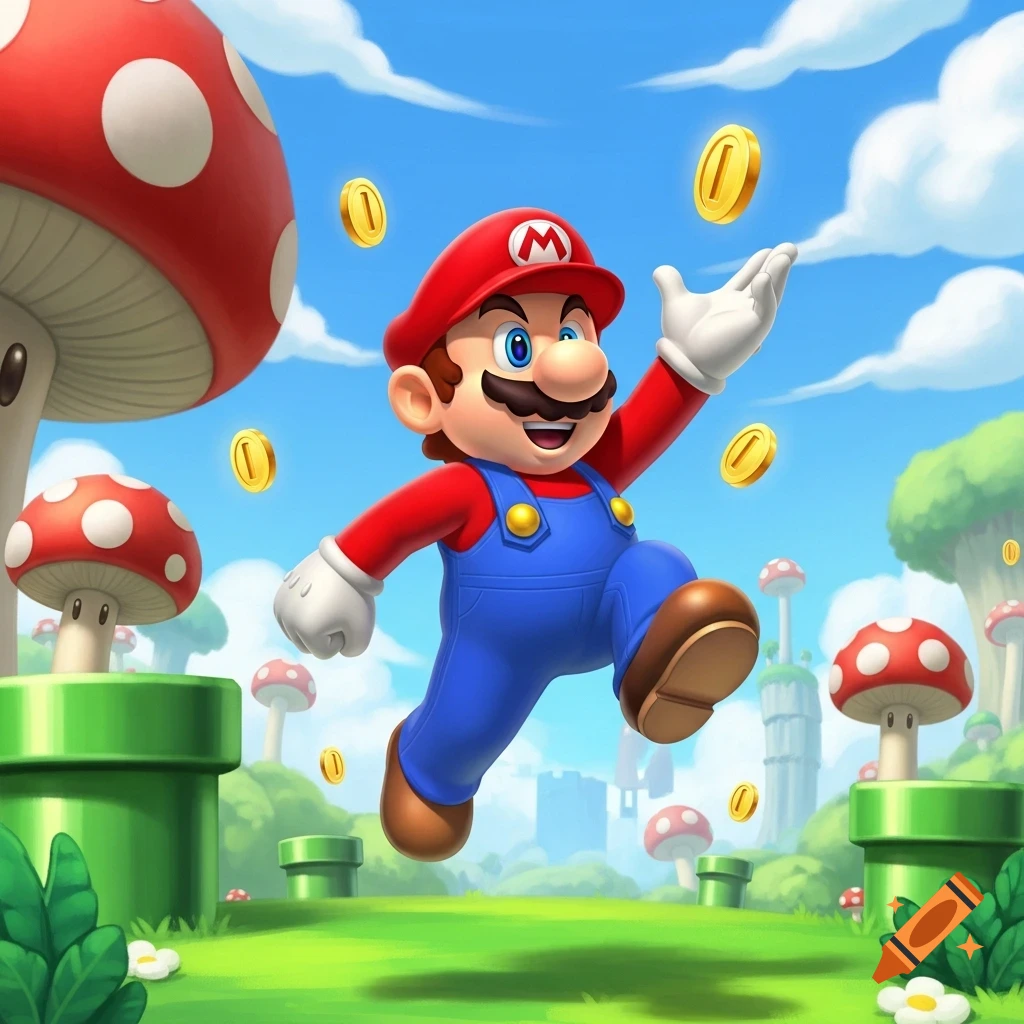 Mario jumps excitedly amidst floating golden coins, green pipes, and red-spotted mushrooms in a bright, cartoonish landscape under a blue sky.