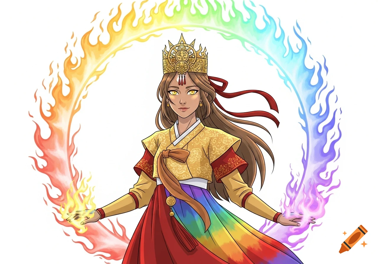 A woman with glowing gold eyes and a golden crown, wearing a Korean hanbok with a rainbow skirt, surrounded by a rainbow fire halo in an anime style.