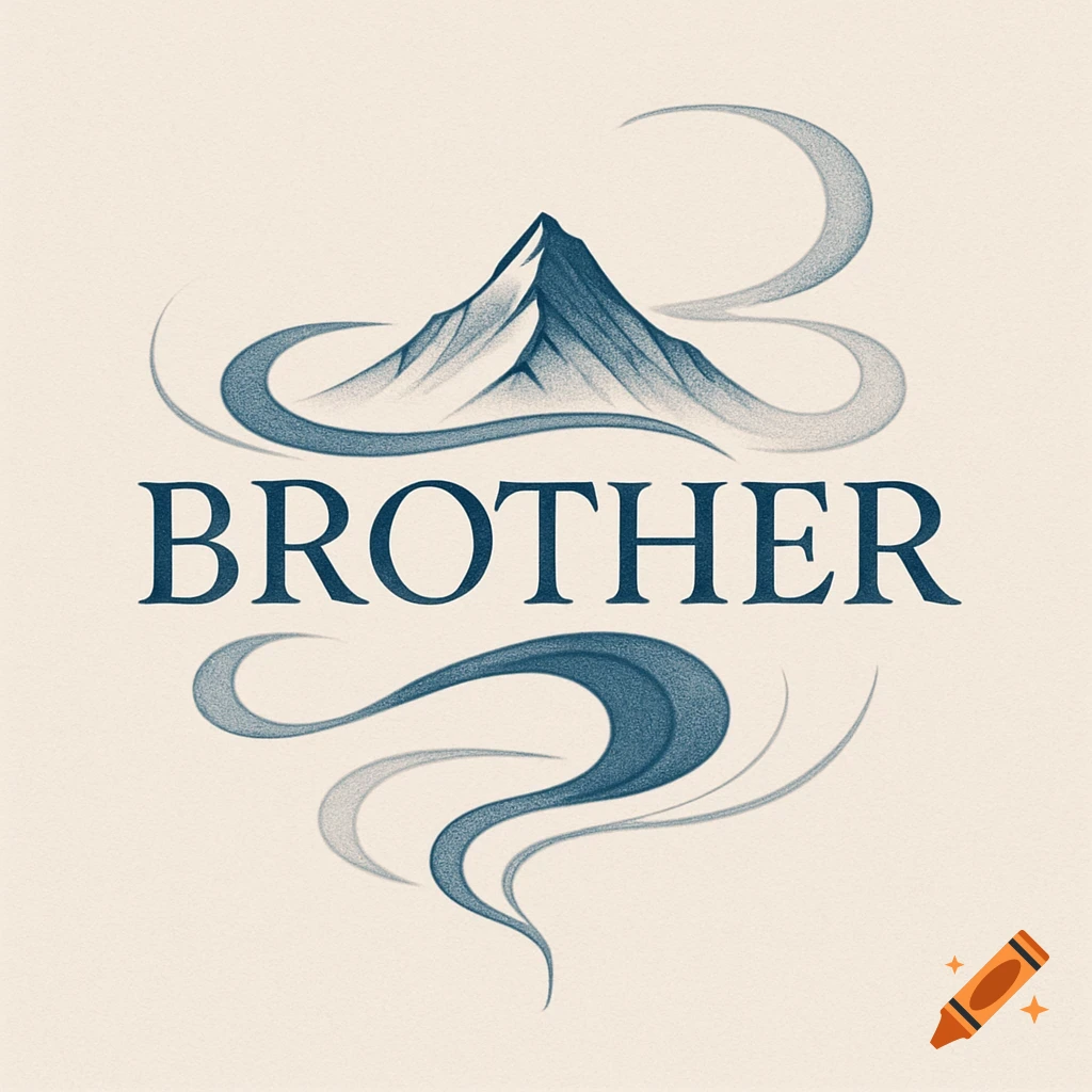 Minimalist tattoo design featuring the word "BROTHER" above a stippled mountain illustration, with abstract swirls.