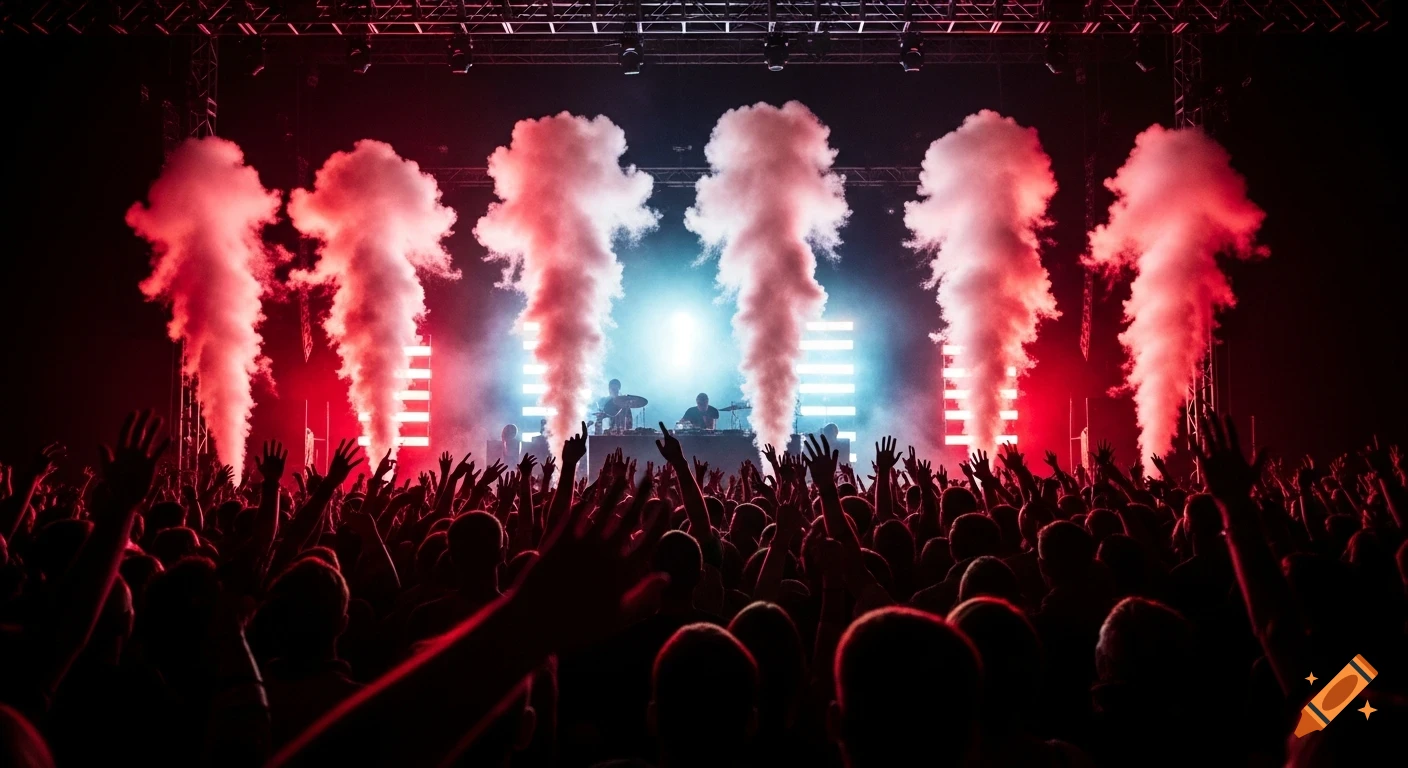 A high-energy concert with a crowd of raised hands, red and blue neon lights, smoke, and silhouetted performers on stage.