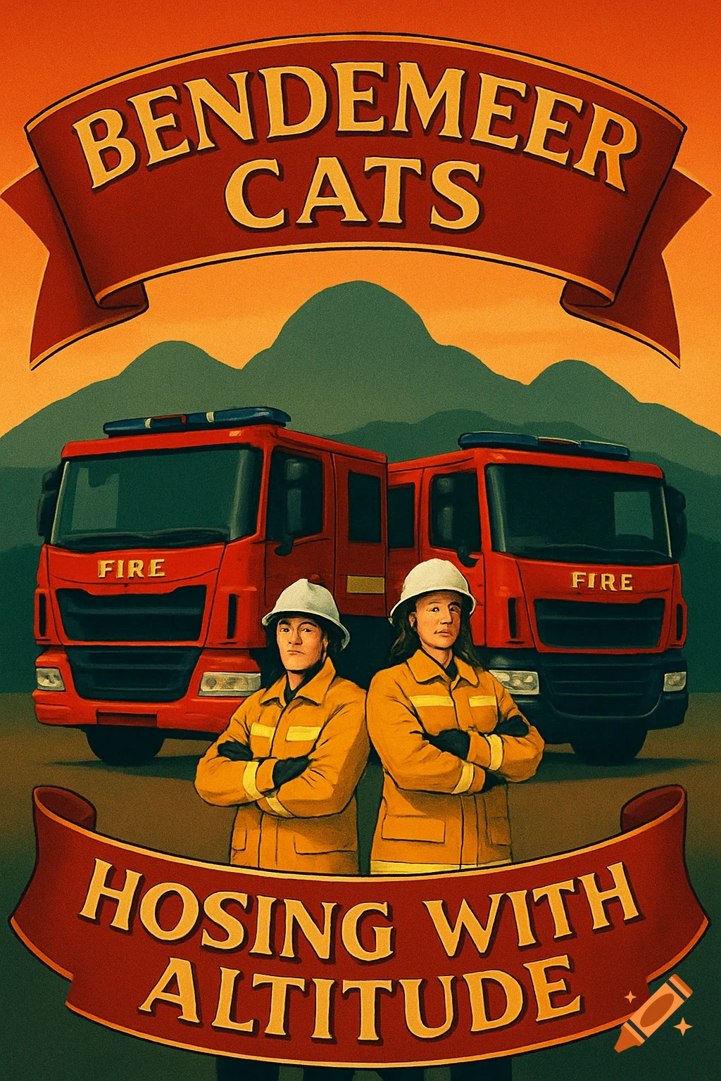 A vintage-style poster depicting two firefighters in front of red fire trucks and mountains, with 'BENDEMEER CATS' and 'HOSING WITH ALTITUDE' banners.