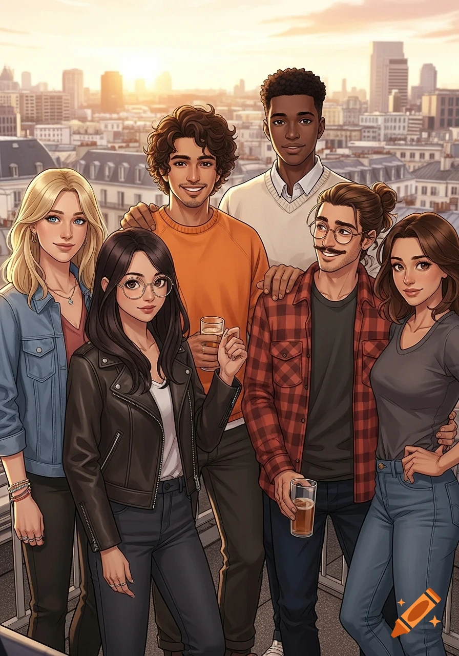 Anime-style illustration of six diverse friends standing on a city rooftop at sunset, holding drinks.