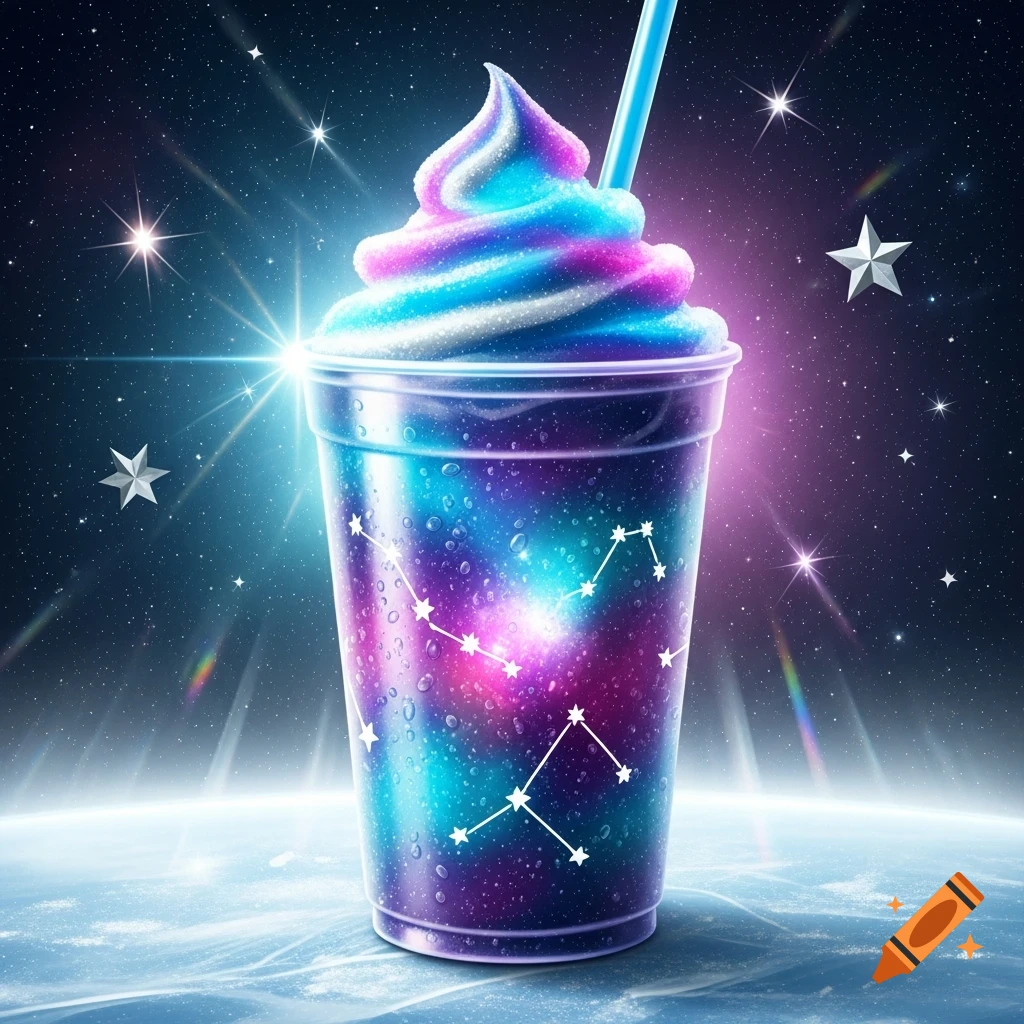 A vibrant galactic-themed slurpee with blue, pink, and white swirls, in a constellation-decorated cup against a starry galaxy.