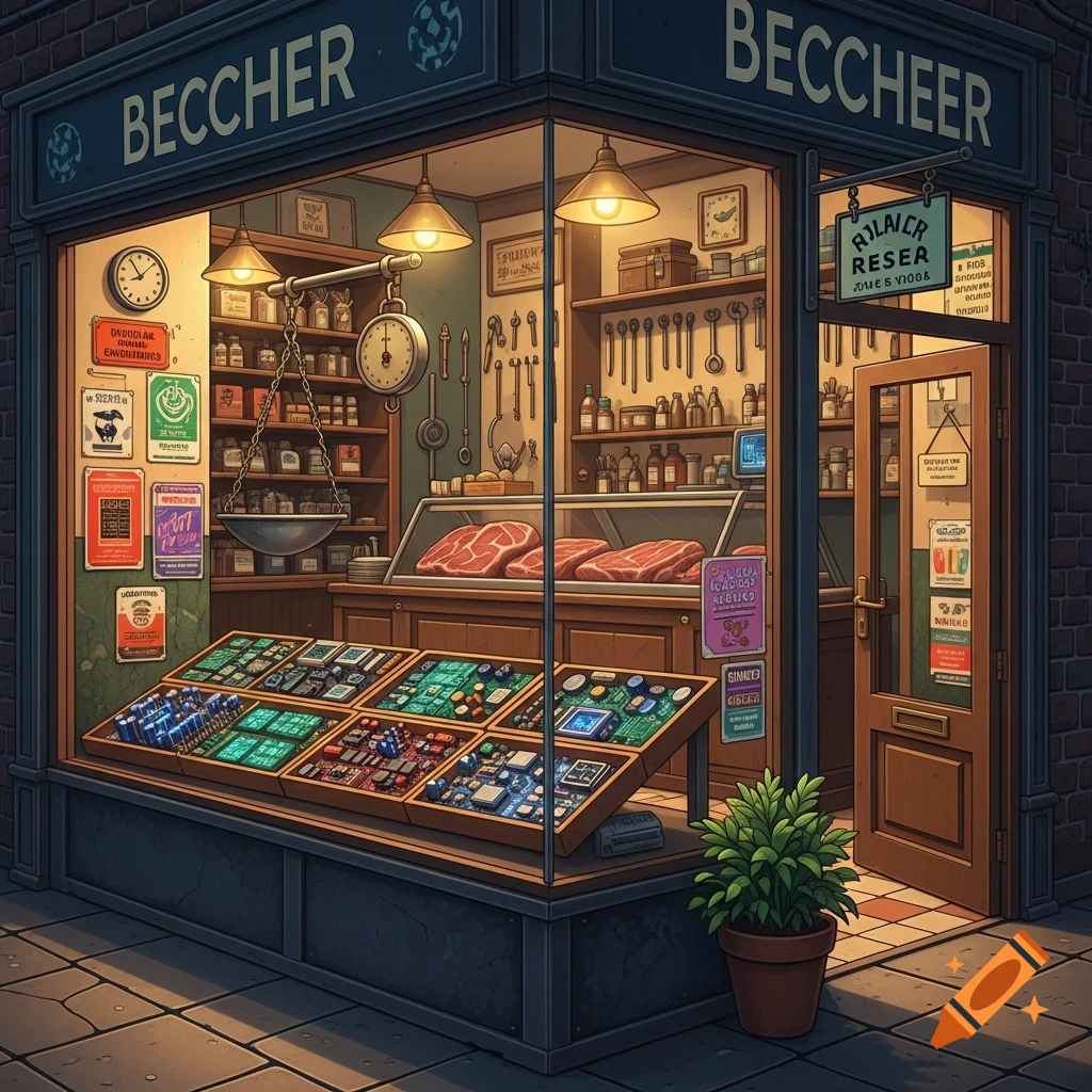 An illustrated shop exterior with a sign reading "BECCHEER" and "BECCHER". The display window features circuit boards, while raw meat is visible on a counter inside.