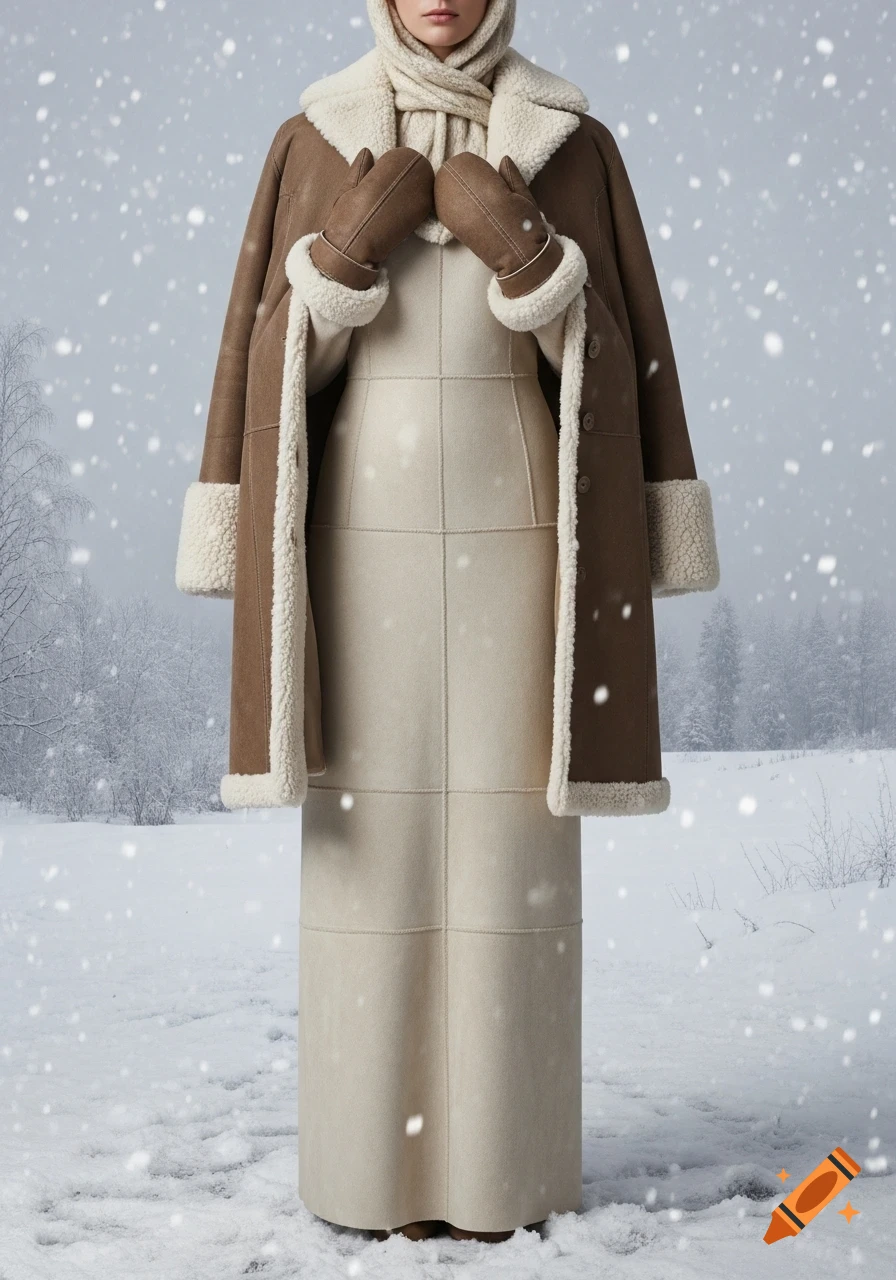 A person in a long cream dress, brown lambskin coat, and mittens stands in a snowy forest.