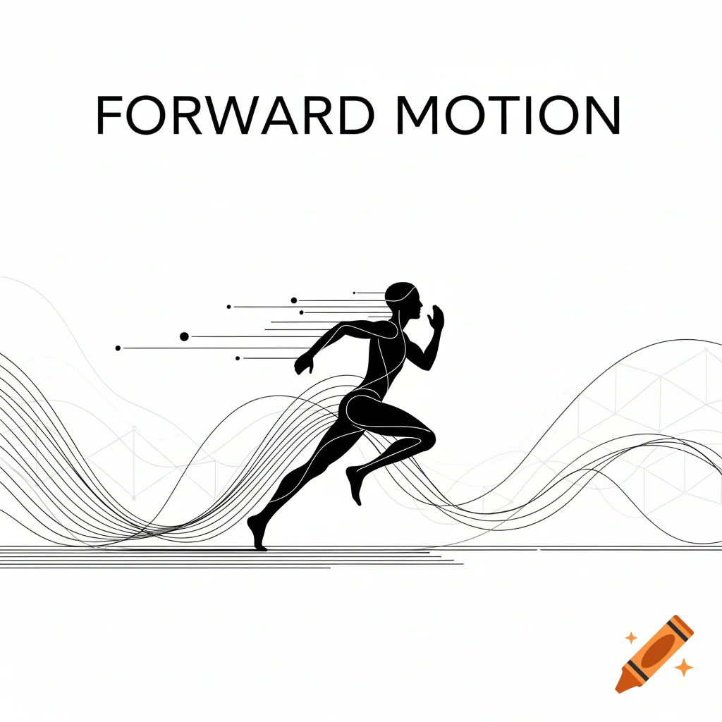 Black and white minimalist graphic of a runner in stride with speed lines, above the words 'FORWARD MOTION'.