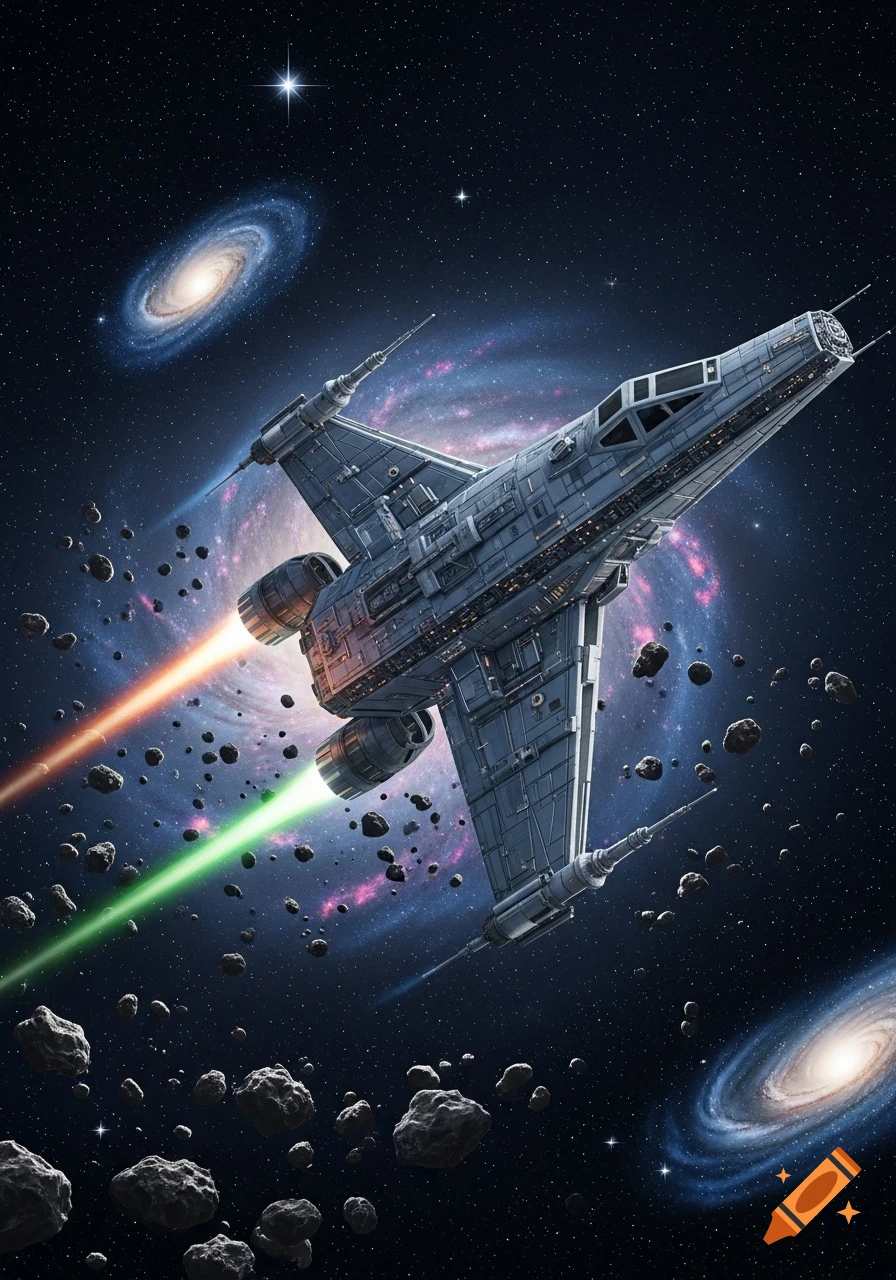 A detailed grey sci-fi spaceship with orange and green thrusters flies through a starry space full of asteroids and colorful galaxies.