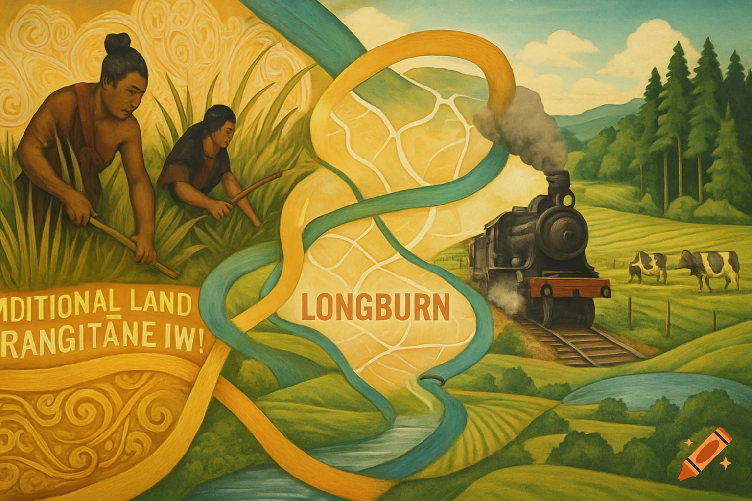 A stylized mural showing indigenous people, a steam train, cows in fields, forests, and rivers, with text including 'LONG BURN' and 'RANGITĀNE IWI!'.