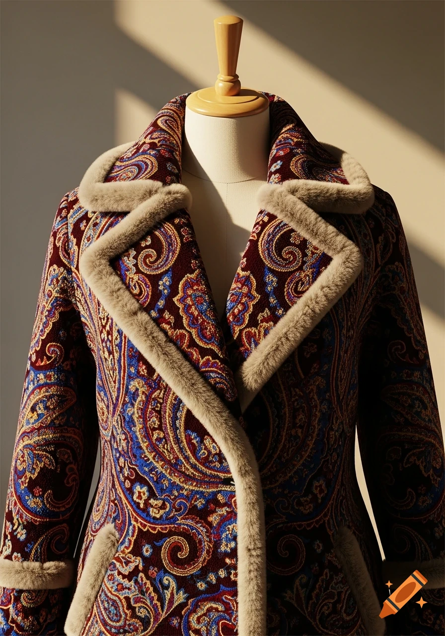 A close-up of a coat with a maroon, blue, and gold paisley pattern, trimmed with light brown faux fur, displayed on a mannequin.