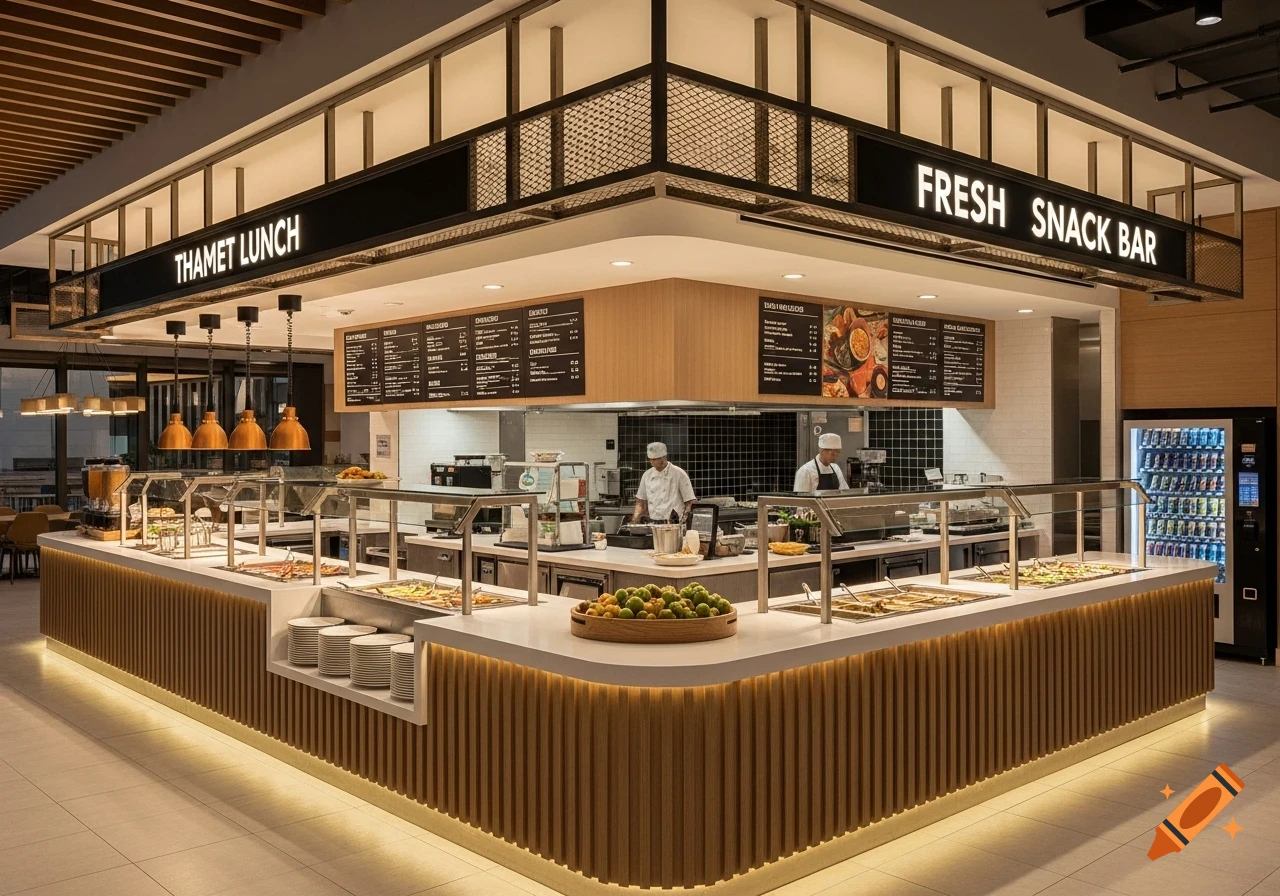 A modern, well-lit cafeteria or snack bar with a long counter displaying various food options, served by chefs in the background.