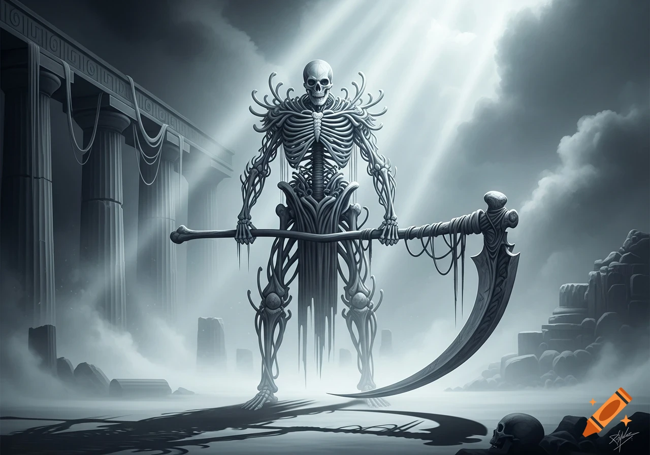 A towering skeletal figure with a bone scythe stands in misty ancient ruins under dramatic rays of light, dark fantasy art.