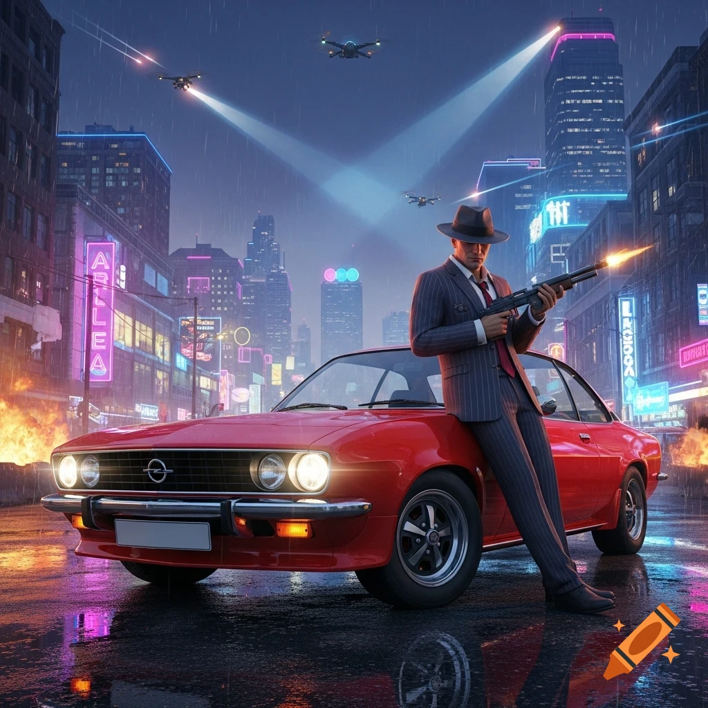 A stylized image of a gangster in a pinstripe suit and fedora leaning on a red Opel Manta car, holding a firing shotgun. The scene is a rainy, neon-lit futuristic city with drones in the sky and explosions in the background, resembling a video game concept.