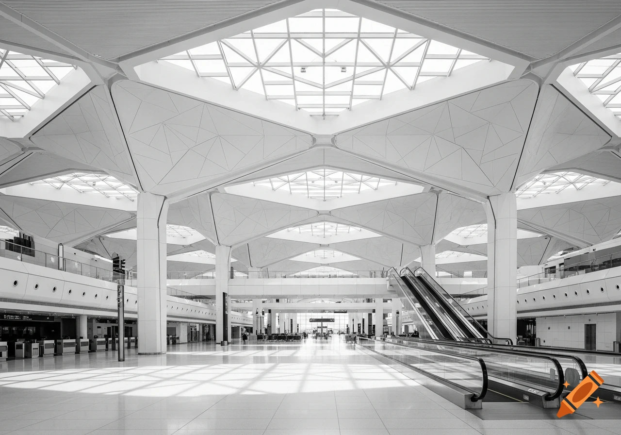 A spacious, modern airport hall in black and white with an origami-inspired geometric ceiling, escalators, and moving walkways.