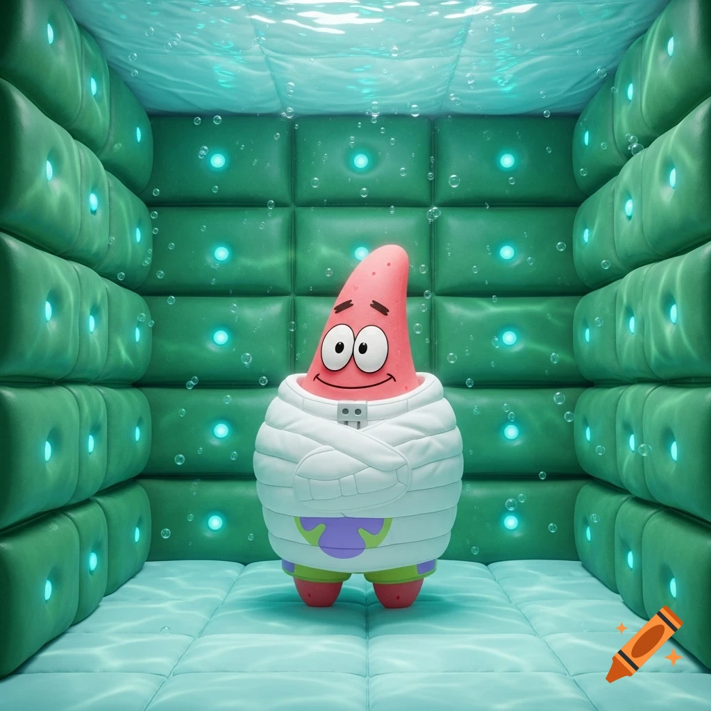 Patrick Star wearing a straight jacket in an underwater padded room with glowing panels and water ripples on the ceiling.