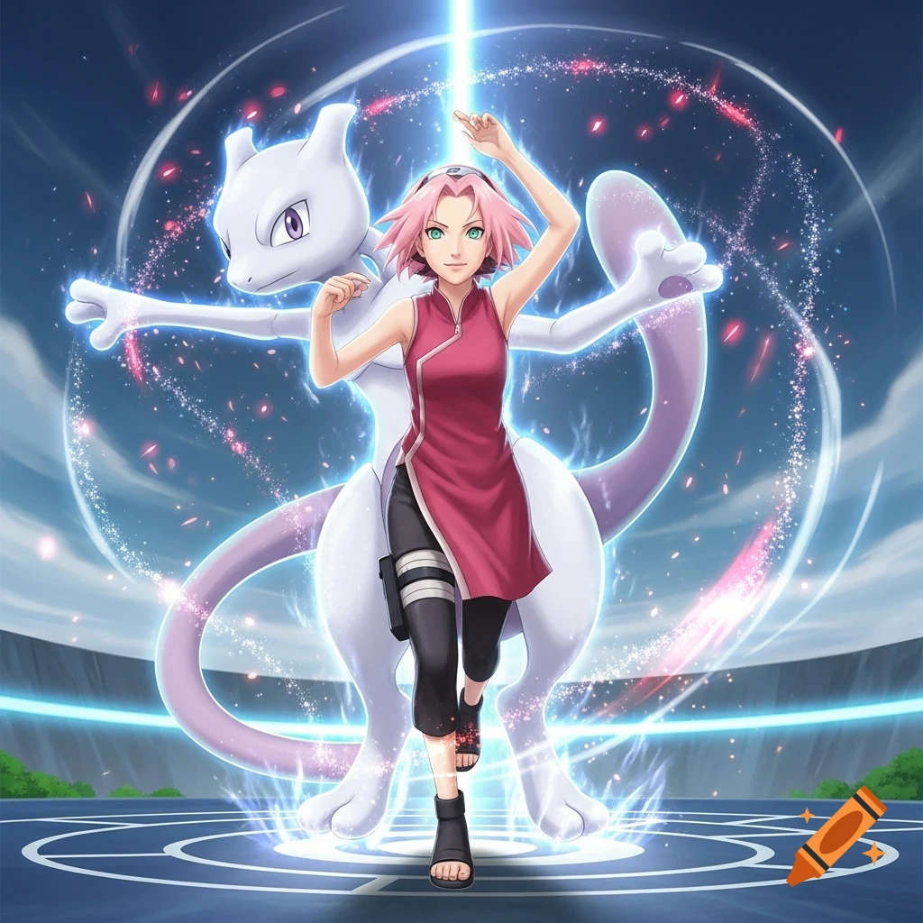 Anime illustration of Sakura and Mewtwo posing powerfully in a glowing arena with energy effects.