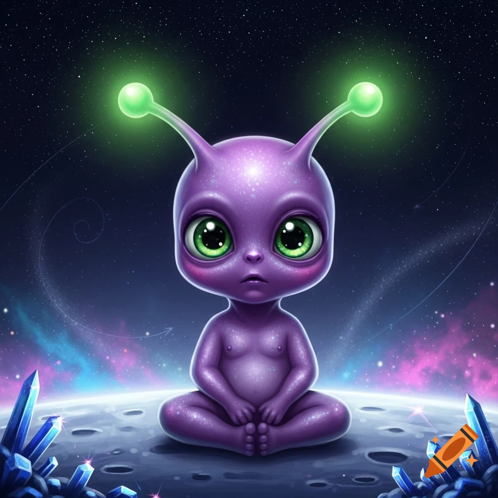 A cute purple baby alien with large green eyes and glowing green antennas sits on a moon surface surrounded by blue crystals under a starry sky.