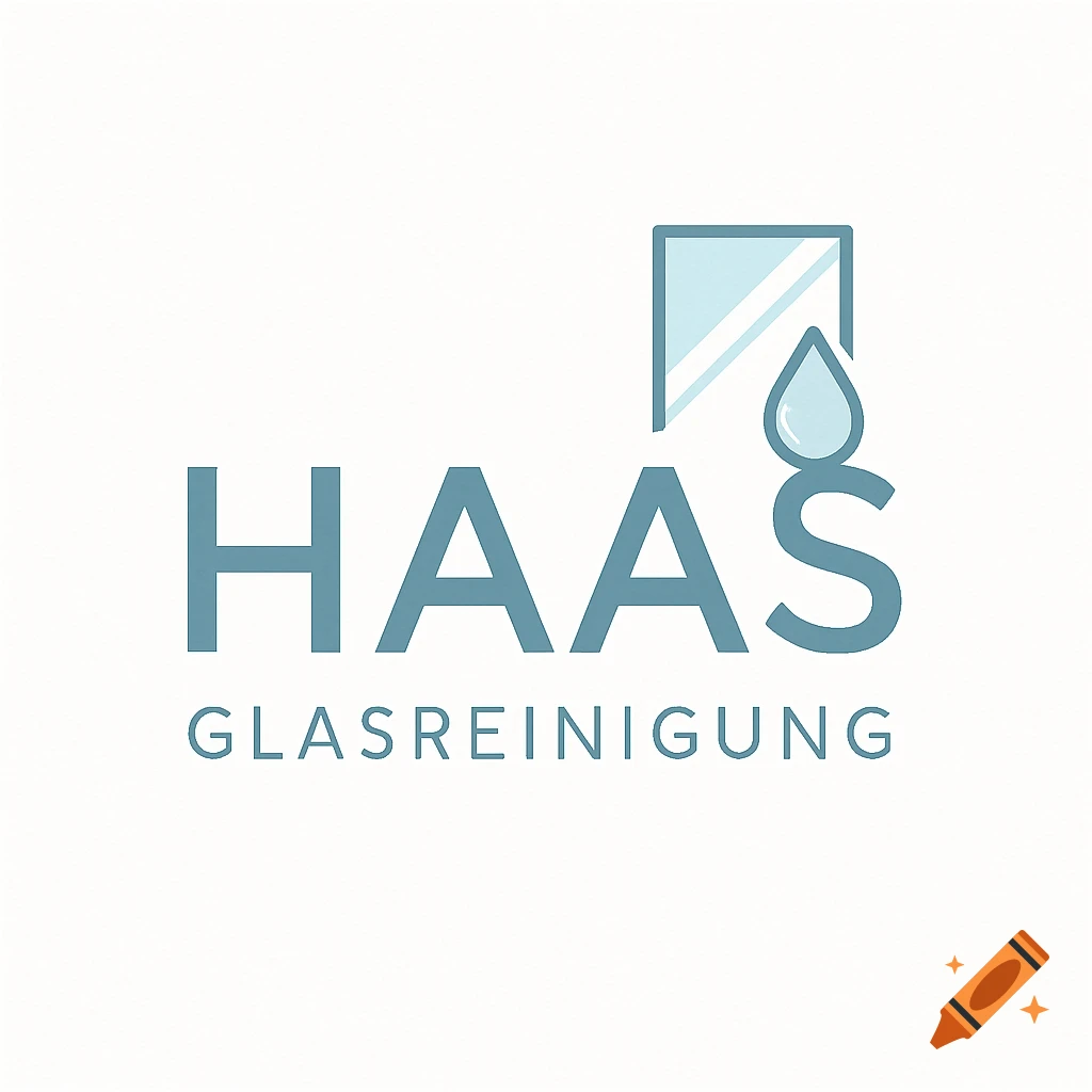 A minimalist logo for "HAAS Glasreinigung" (glass cleaning) featuring a blue-grey window and a water droplet, on a white background.