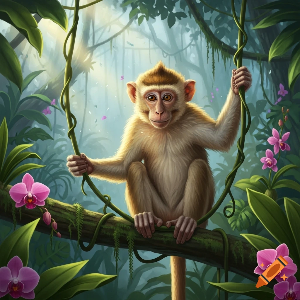An illustrative monkey with light brown fur sits on a mossy branch, holding a vine in a vibrant jungle with pink orchids and dappled light.