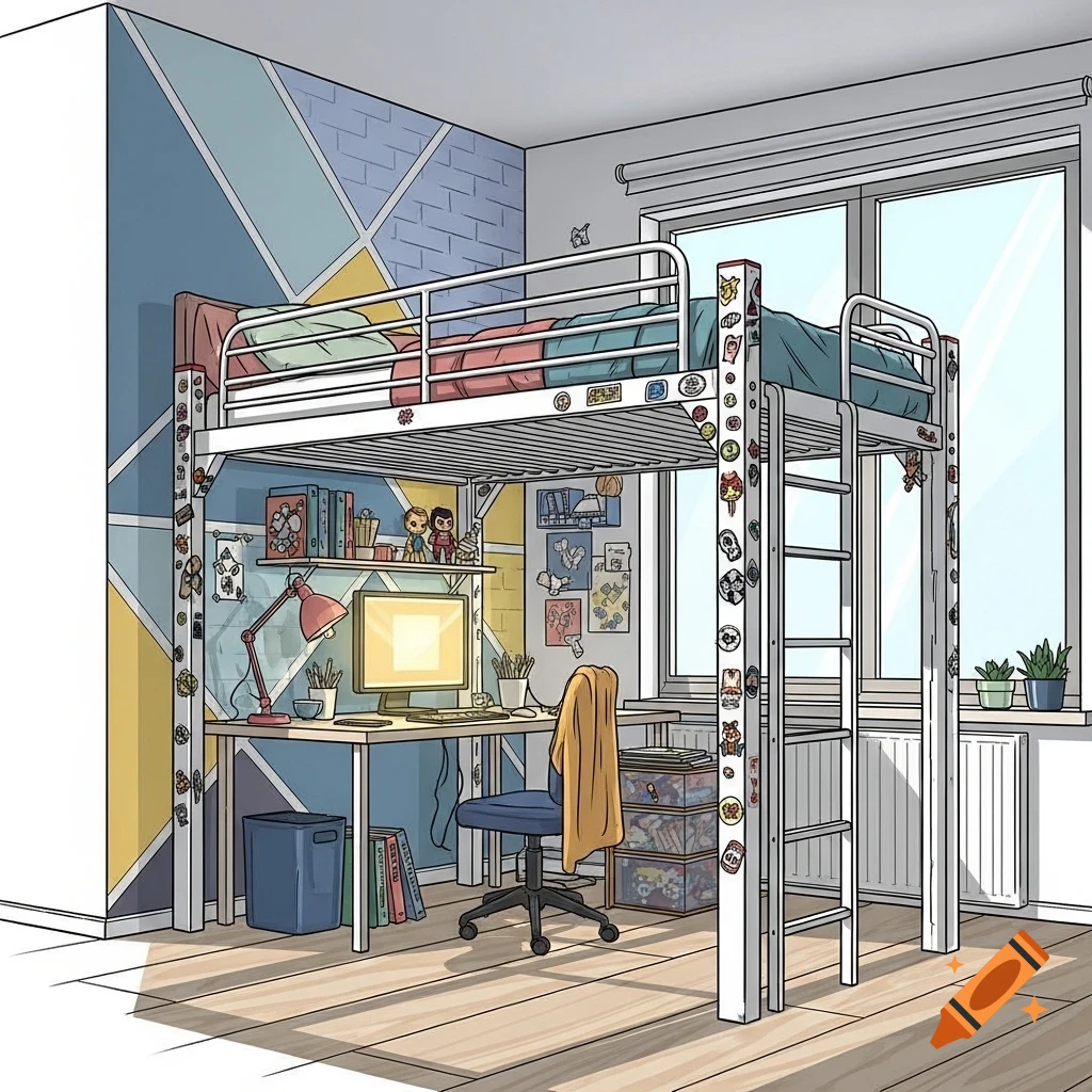 A colorful comic-style illustration of a room with a loft bed above a desk setup, next to a large window.