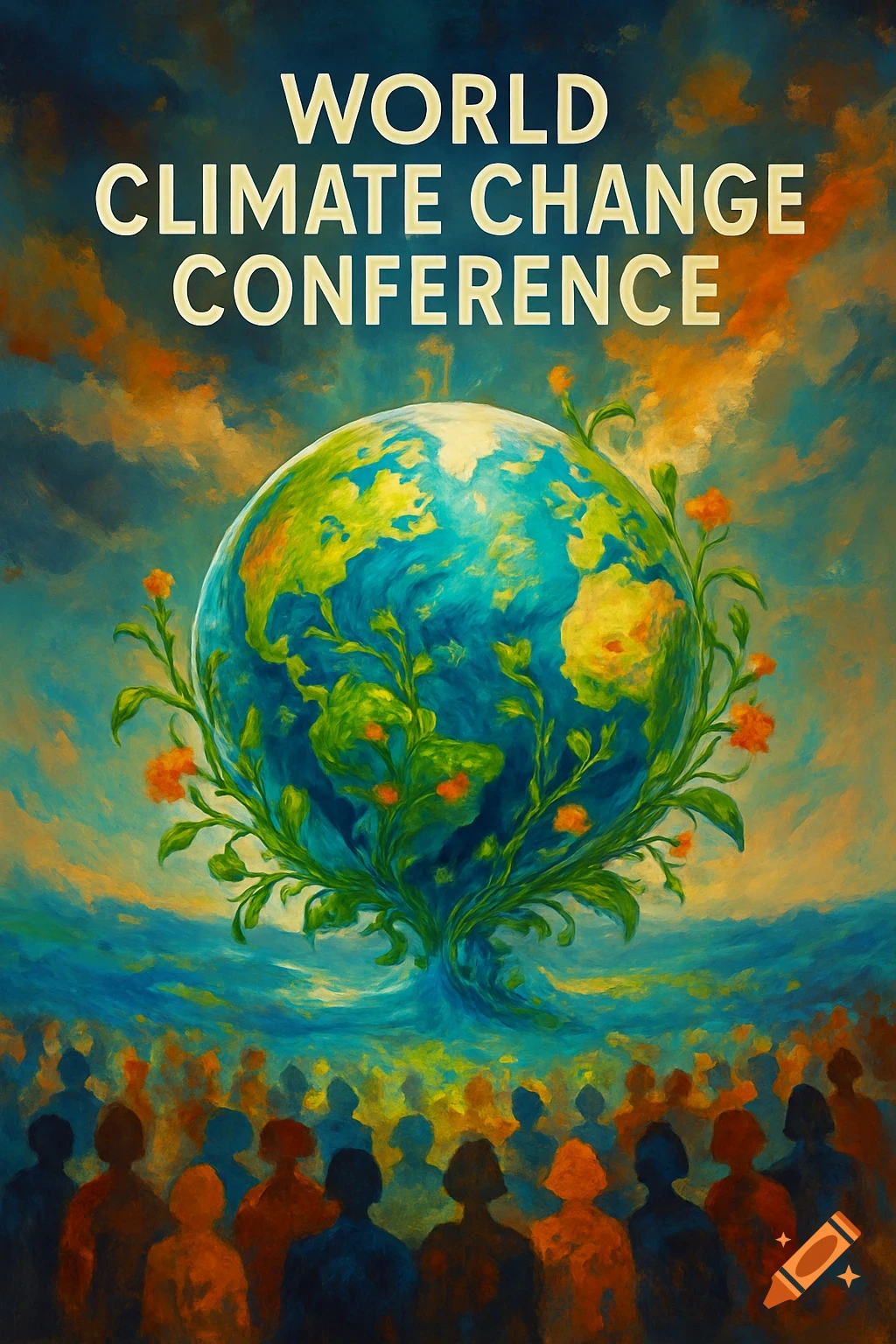 A vibrant, painterly poster for the 'WORLD CLIMATE CHANGE CONFERENCE', showing an Earth globe with plants over a crowd of silhouetted figures.