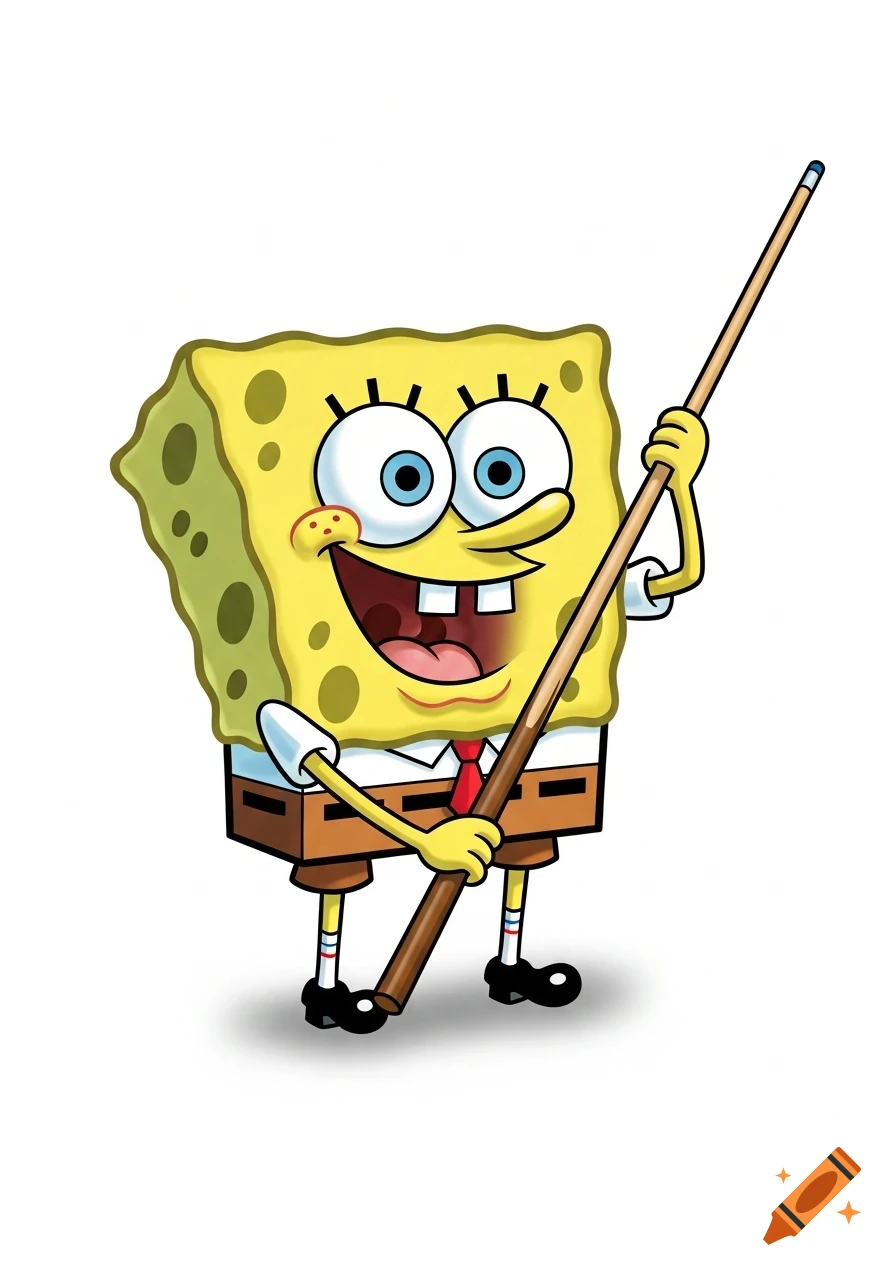 Spongebob Squarepants smiles broadly, holding a long wooden pool cue on a white background in a cartoon style.