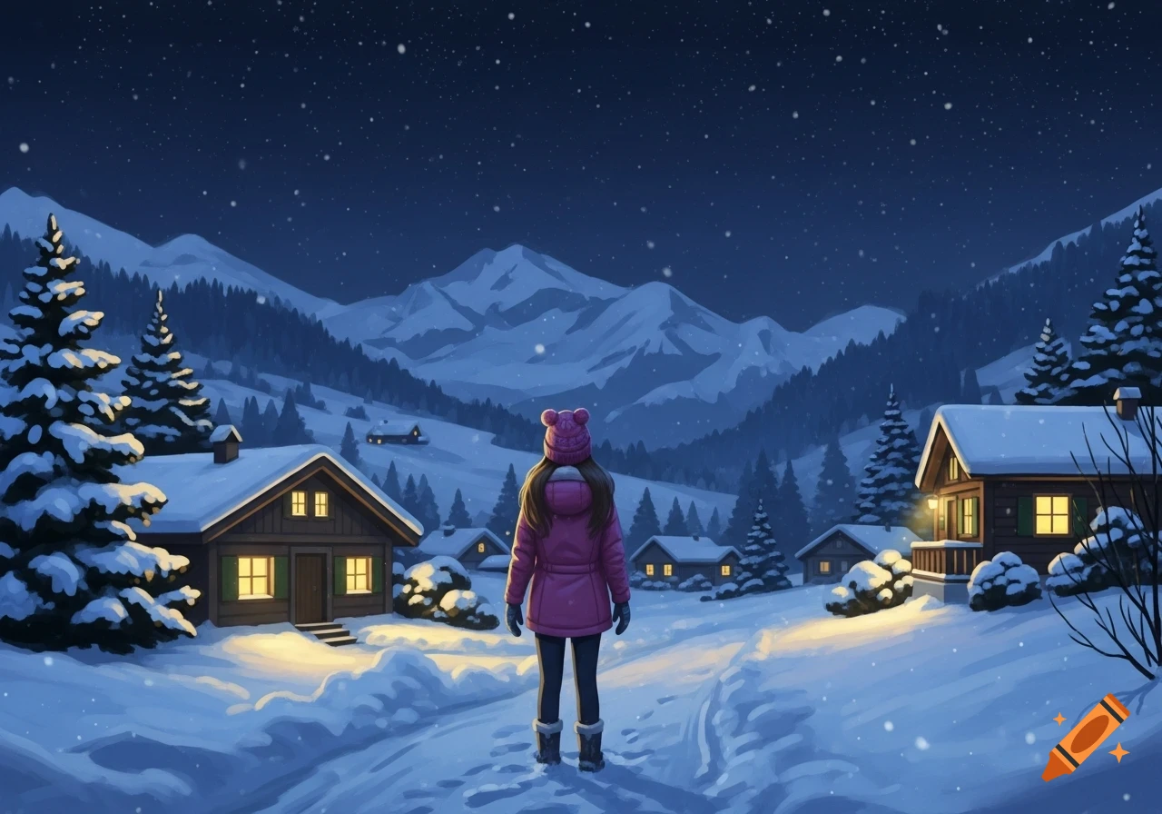 A person in a pink coat stands on a snowy path in a winter village at night, with illuminated cabins and mountains under a starry sky. Digital art.