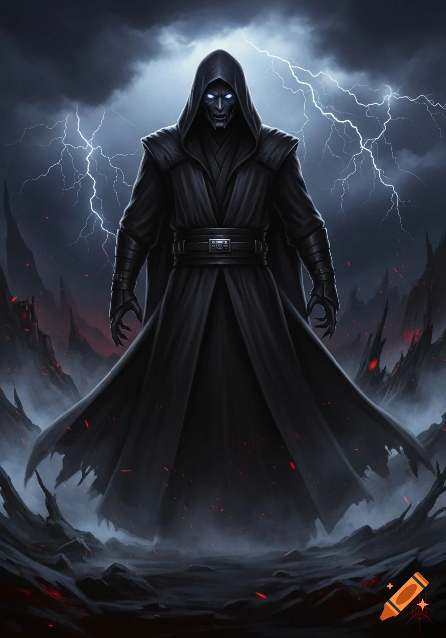 A menacing dark hooded figure with glowing white eyes and black robes stands on volcanic ground under a stormy, lightning-filled sky.