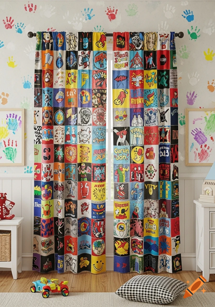 A child's room features colorful patchwork curtains made from old t-shirt scraps, with handprint-decorated walls and toys on the floor.