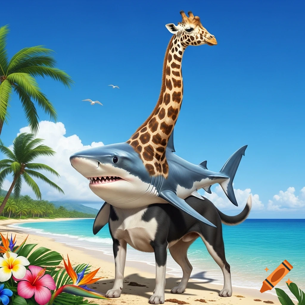 A surreal hybrid creature with a shark's head, giraffe's neck, and a dog's body stands on a tropical beach.