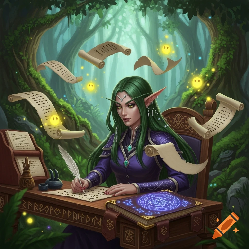 A green-haired wood elf scribe writes at a wooden desk, surrounded by floating magical scrolls and glowing orbs in a lush forest.