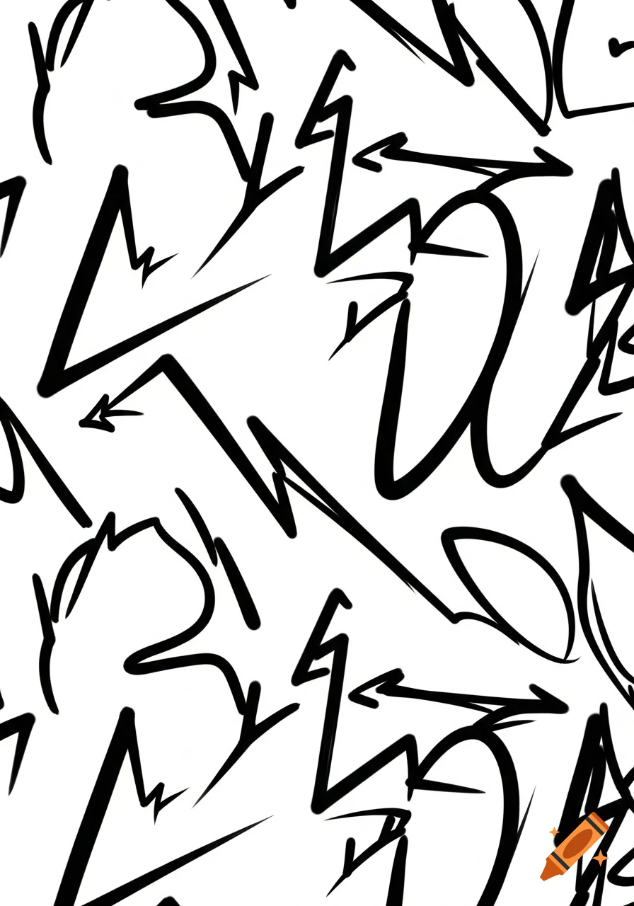 Black abstract graffiti tags and arrows form a dense, chaotic pattern on a white background.