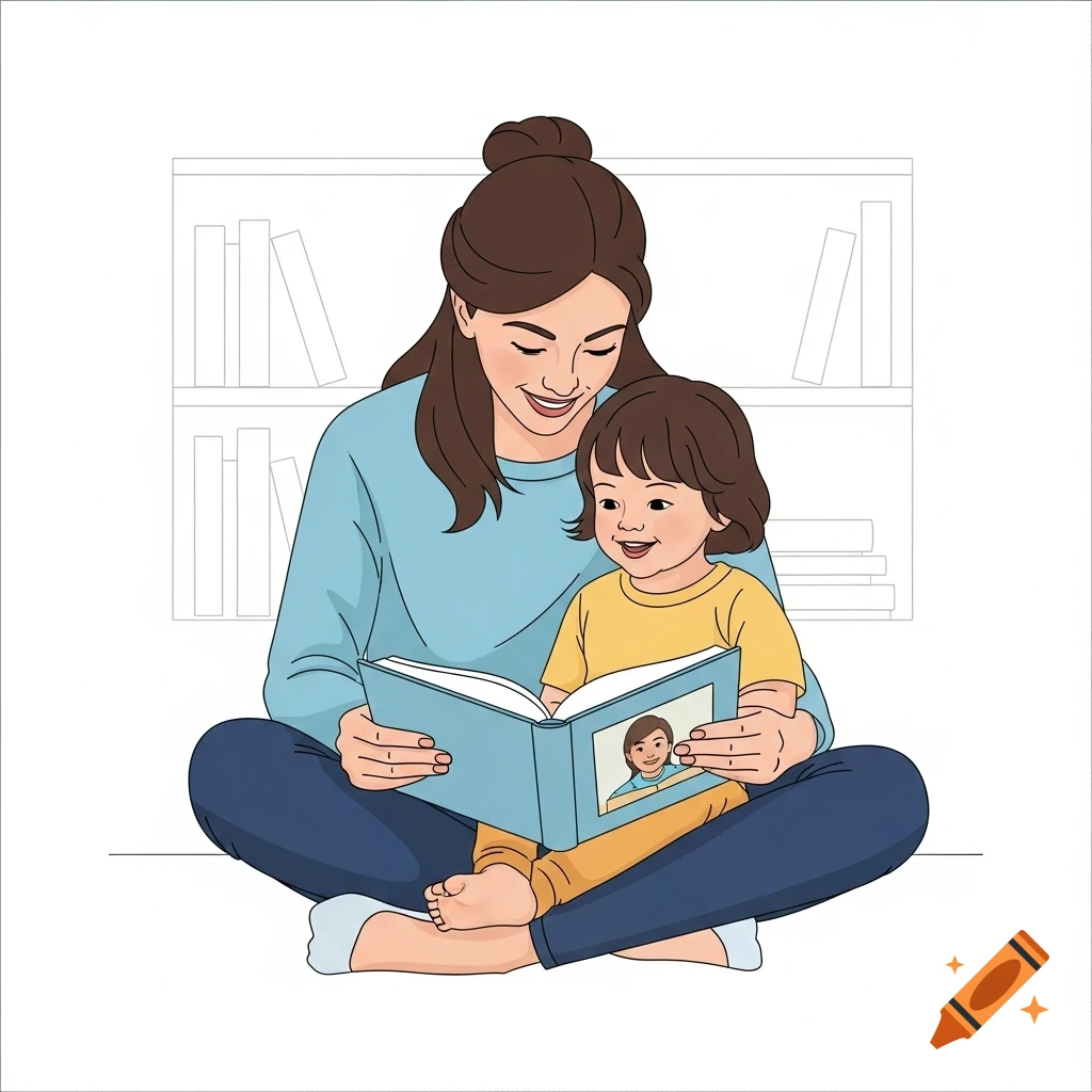 An illustration of a mother and child sitting cross-legged, smiling and reading a book together.