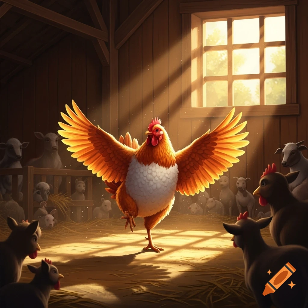 A stylized rooster with outstretched, glowing wings dances on one leg in a sunlit barn, surrounded by farm animals.