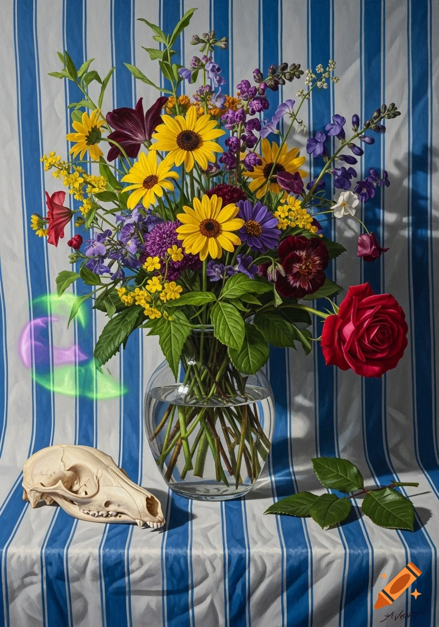 Hyperrealistic oil painting of a vibrant still life with colorful summer flowers, a rose, and a fox skull on blue and white stripes.