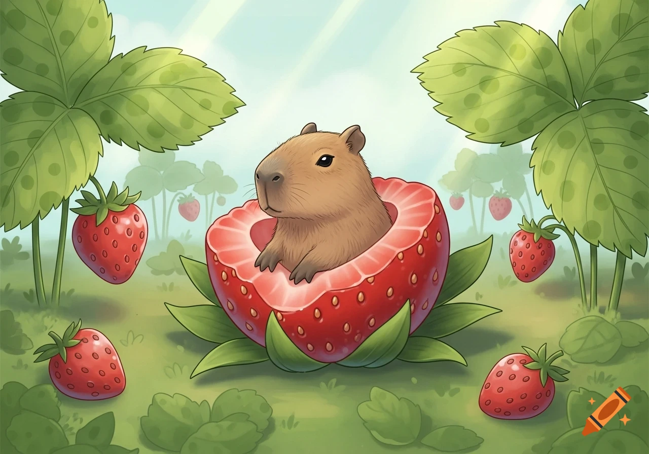 A cute capybara sits in a halved strawberry amidst a field of green leaves and red strawberries in a bright cartoon illustration.