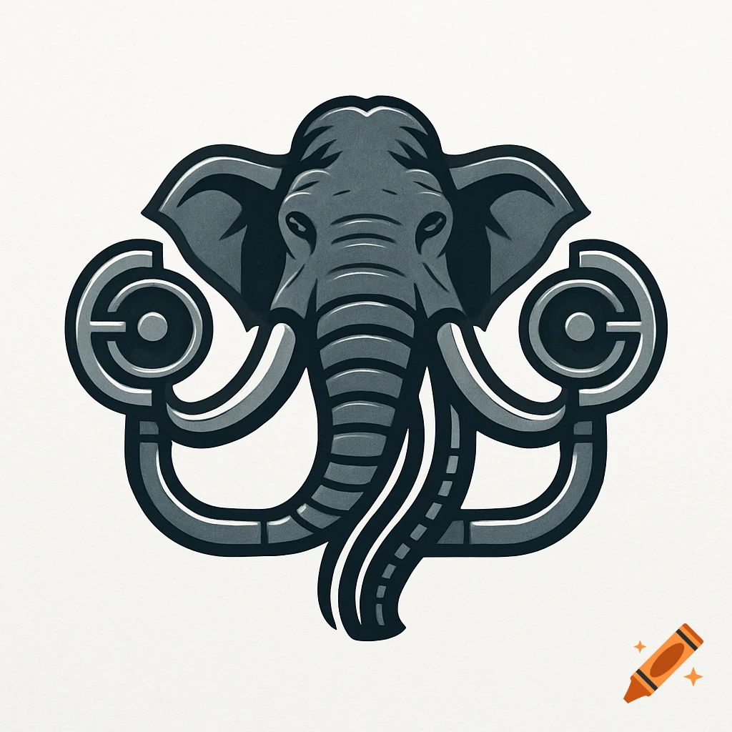 Stylized gray elephant head logo with mechanical, pipe-like tusks and trunk elements on a white background.
