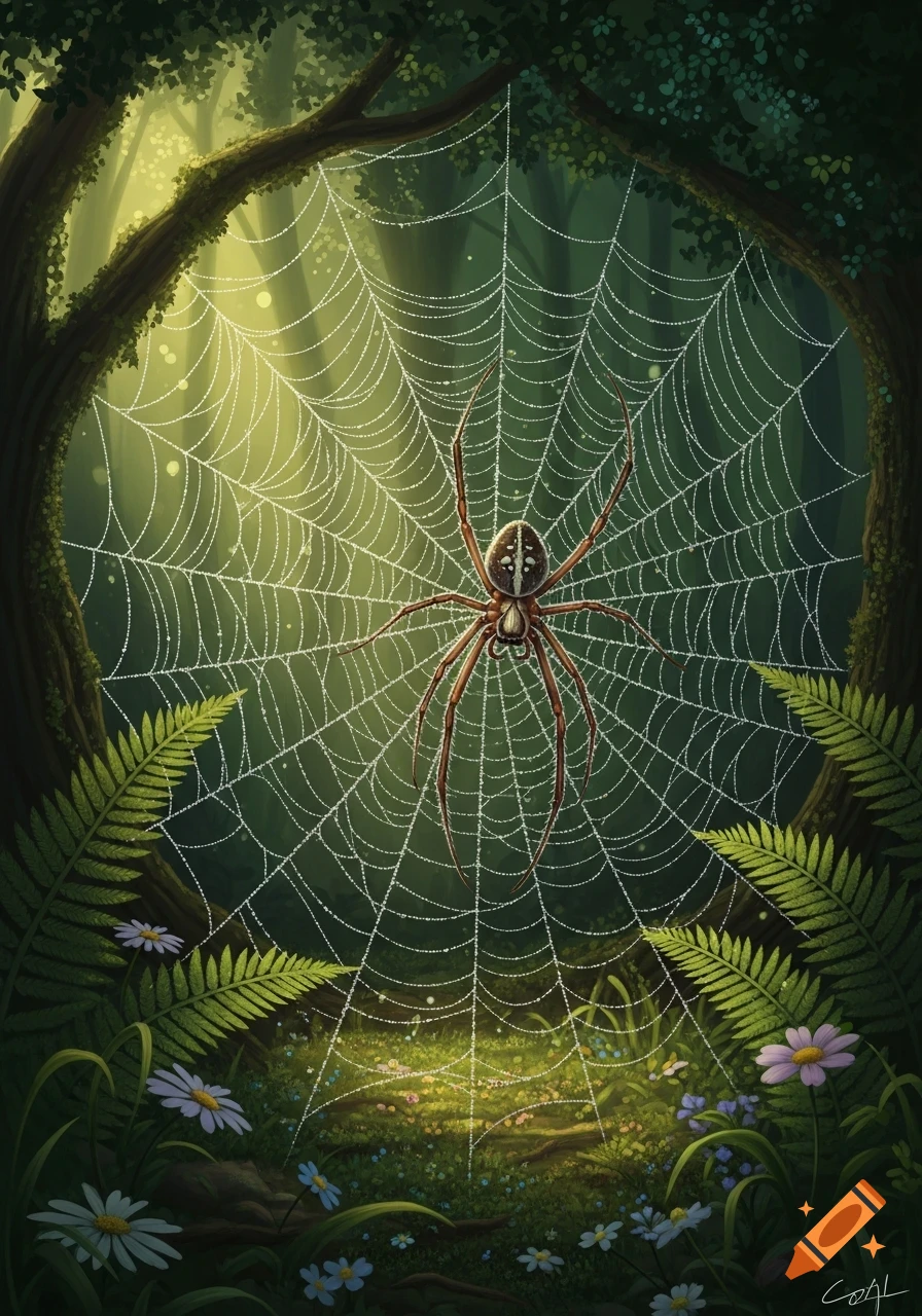 An illustrative brown spider on a dew-covered web in a lush green forest, surrounded by ferns and small flowers.