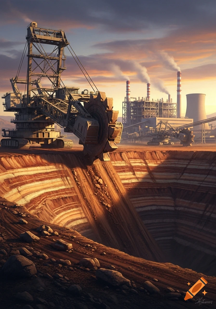 Giant bucket-wheel excavator digging into an open-pit mine at sunset, with an industrial power plant in the background.