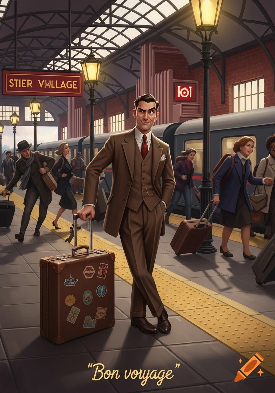 A dapper man in a brown suit leans on his luggage at a bustling train station, smiling knowingly. The scene is an illustration with retro charm, with "Bon voyage" written below.