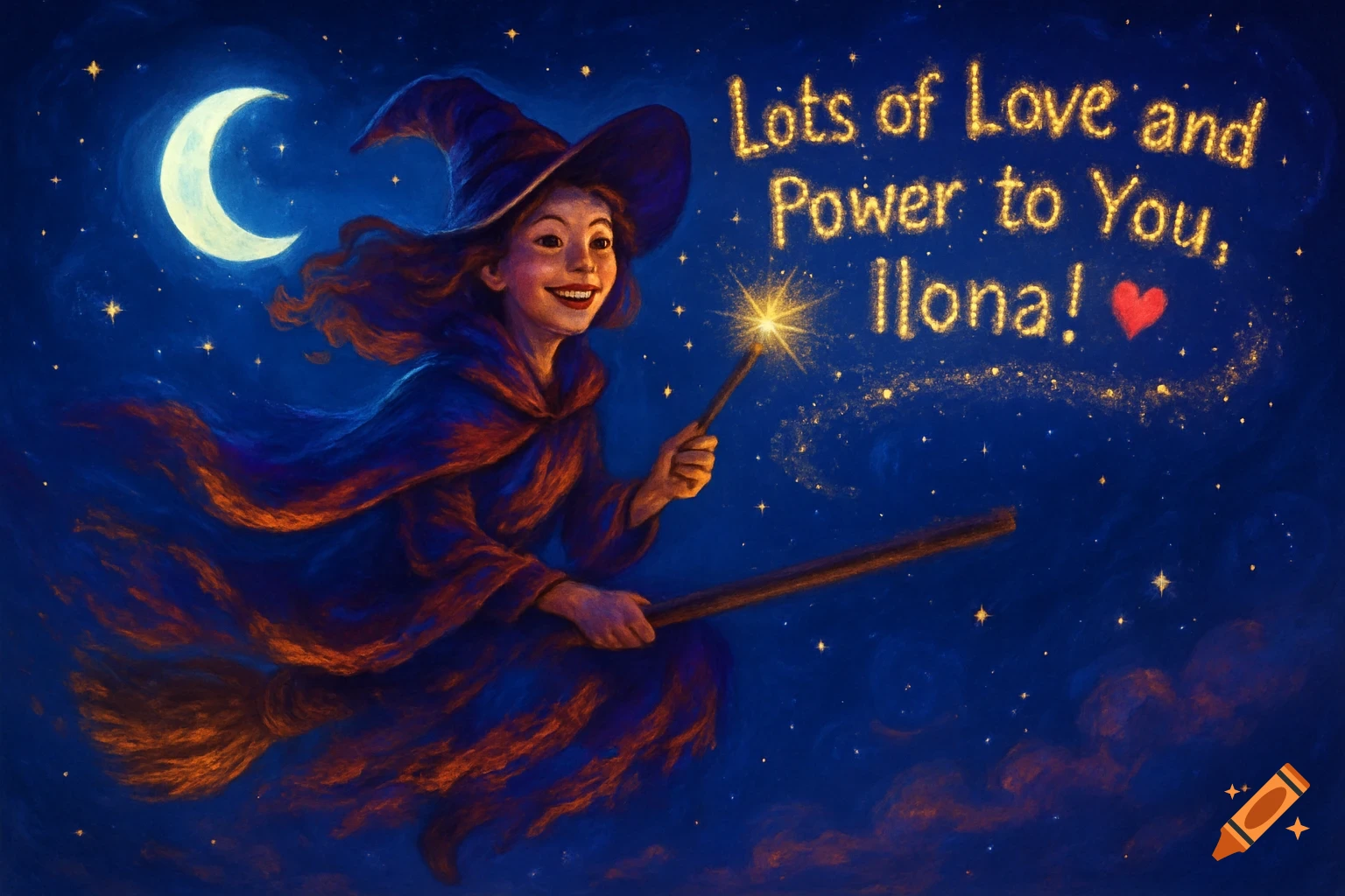 A smiling witch on a broomstick flies through a starry night sky with a crescent moon, creating sparkling text that reads 'Lots of Love and Power to You, Ilona!'