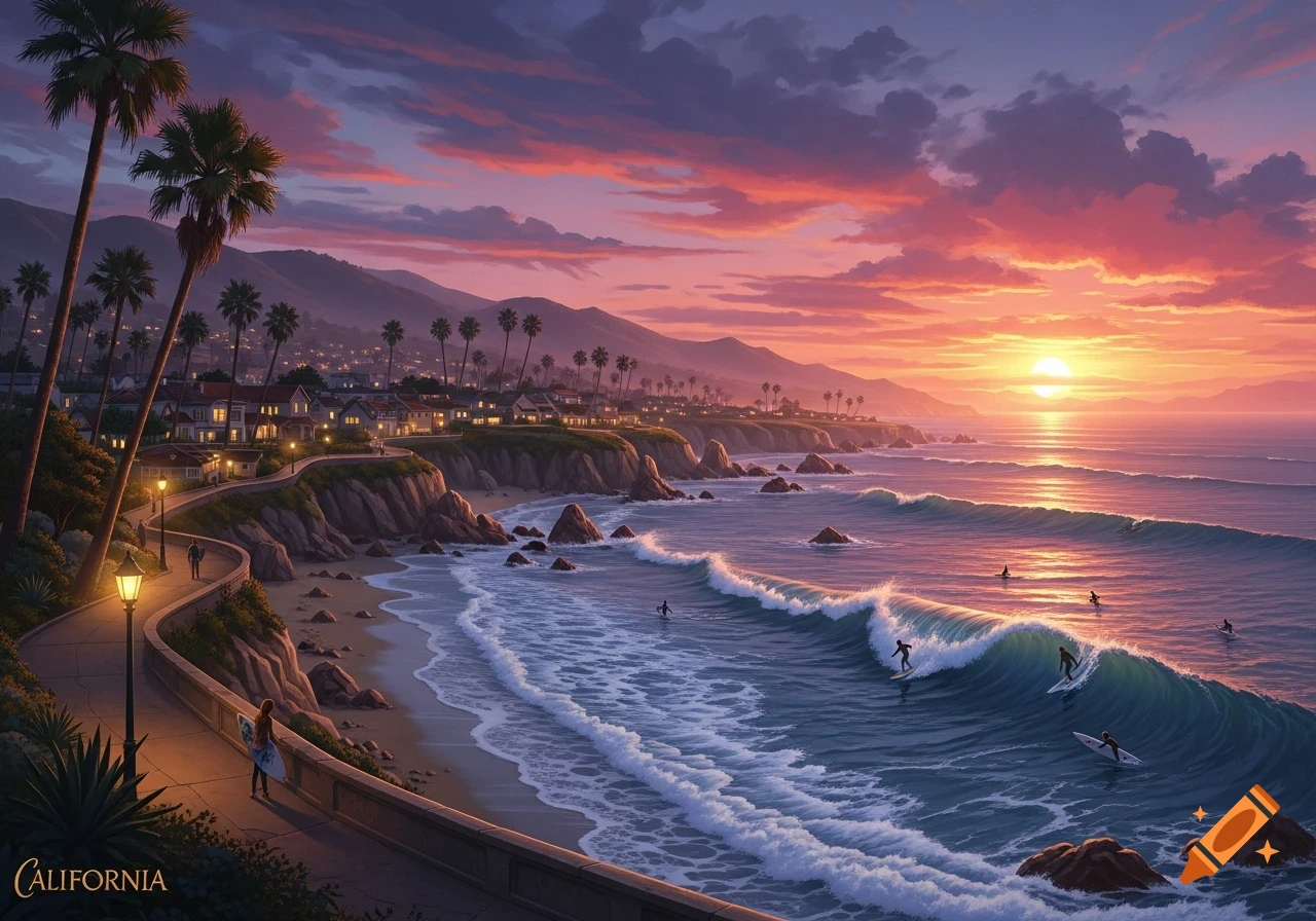 Vibrant painterly depiction of a California coastal sunset with surfers, palm trees, and houses along a winding promenade.