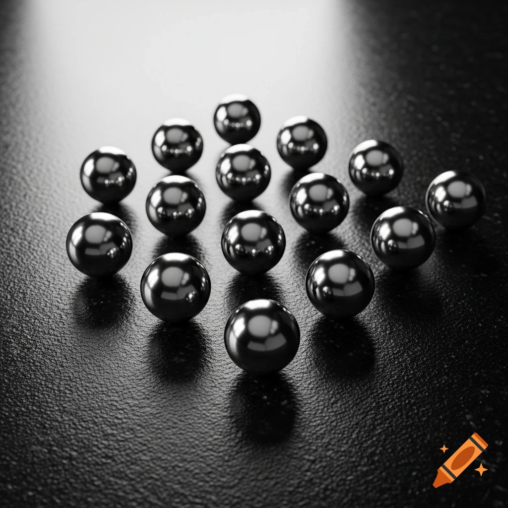 Multiple shiny, dark metallic spheres with reflections, scattered on a textured dark surface.